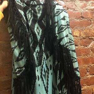 Aztec print long fringe vest